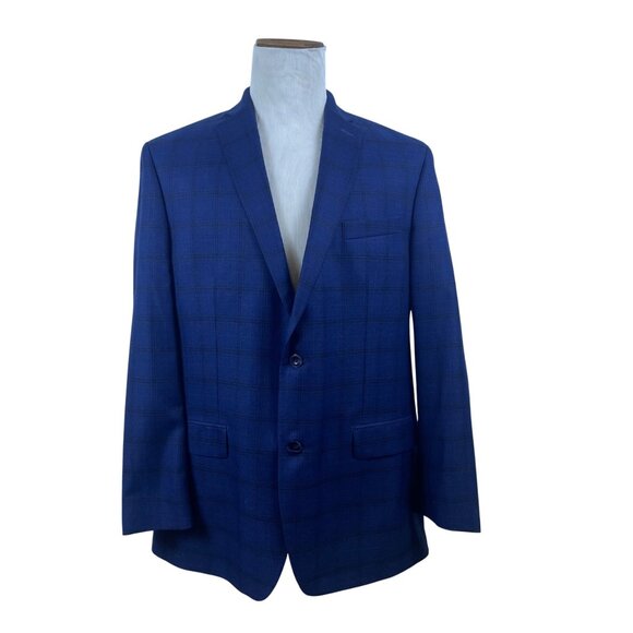 Michael Kors Mens Blue Plaid Polyester Rayon Blazer Jacket 44L 2-Button - Picture 1 of 9